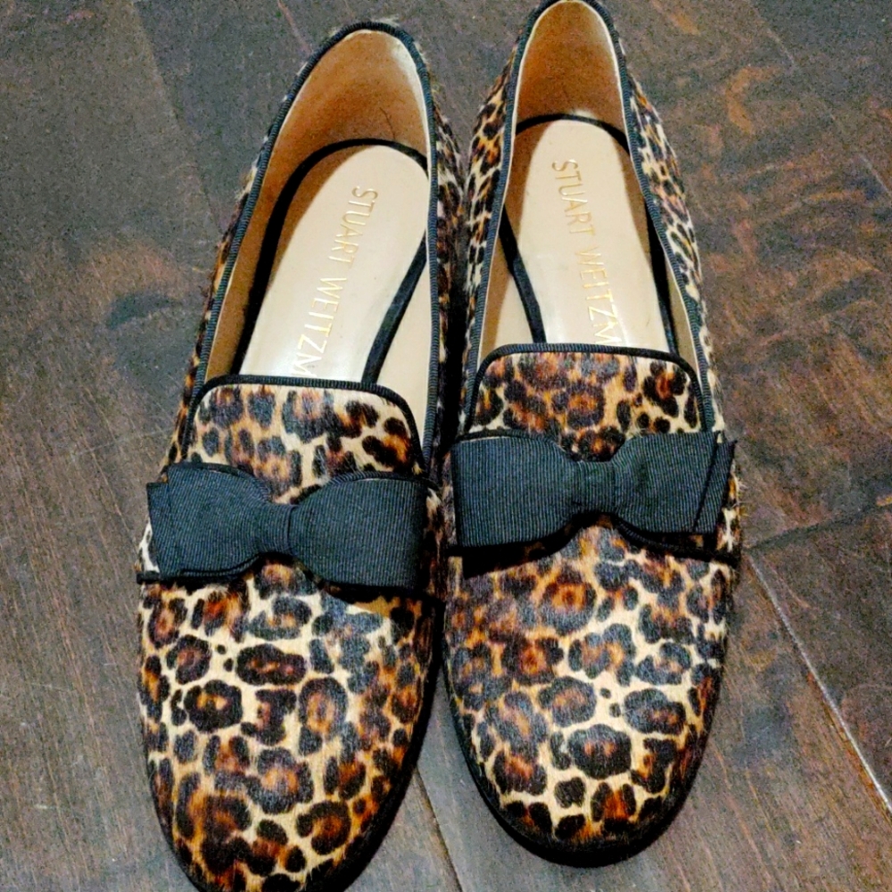 Stuart Weitzman Loafers “Keegan” style, Leopard Print with Black Bow